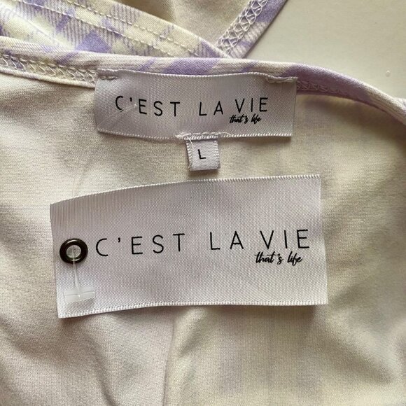 C'est La Vie Purple White Short Sleeve Top Front Tie Large NEW Super Soft - Picture 6 of 7